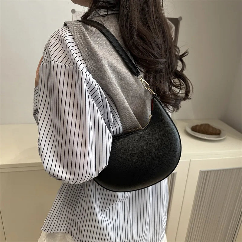 Vintage Tote Bag Retro Half Moon Pu Leather Handbag Shoulder Bags for Women Detachable Strap, Zipper Closure, Polyester Lining