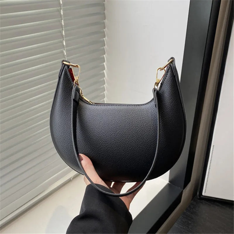 Vintage Tote Bag Retro Half Moon Pu Leather Handbag Shoulder Bags for Women Detachable Strap, Zipper Closure, Polyester Lining