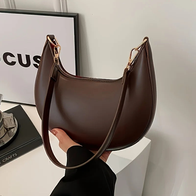 Vintage Tote Bag Retro Half Moon Pu Leather Handbag Shoulder Bags for Women Detachable Strap, Zipper Closure, Polyester Lining