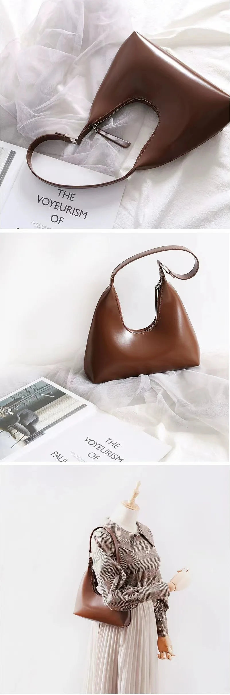 Elegant and sophisticated half-moon shaped handbags.