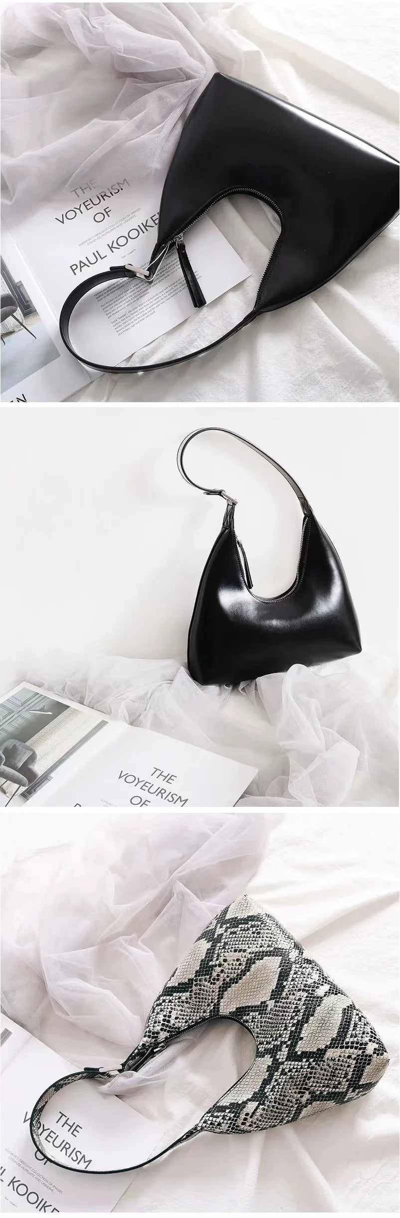 Elegant and sophisticated half-moon shaped handbags.